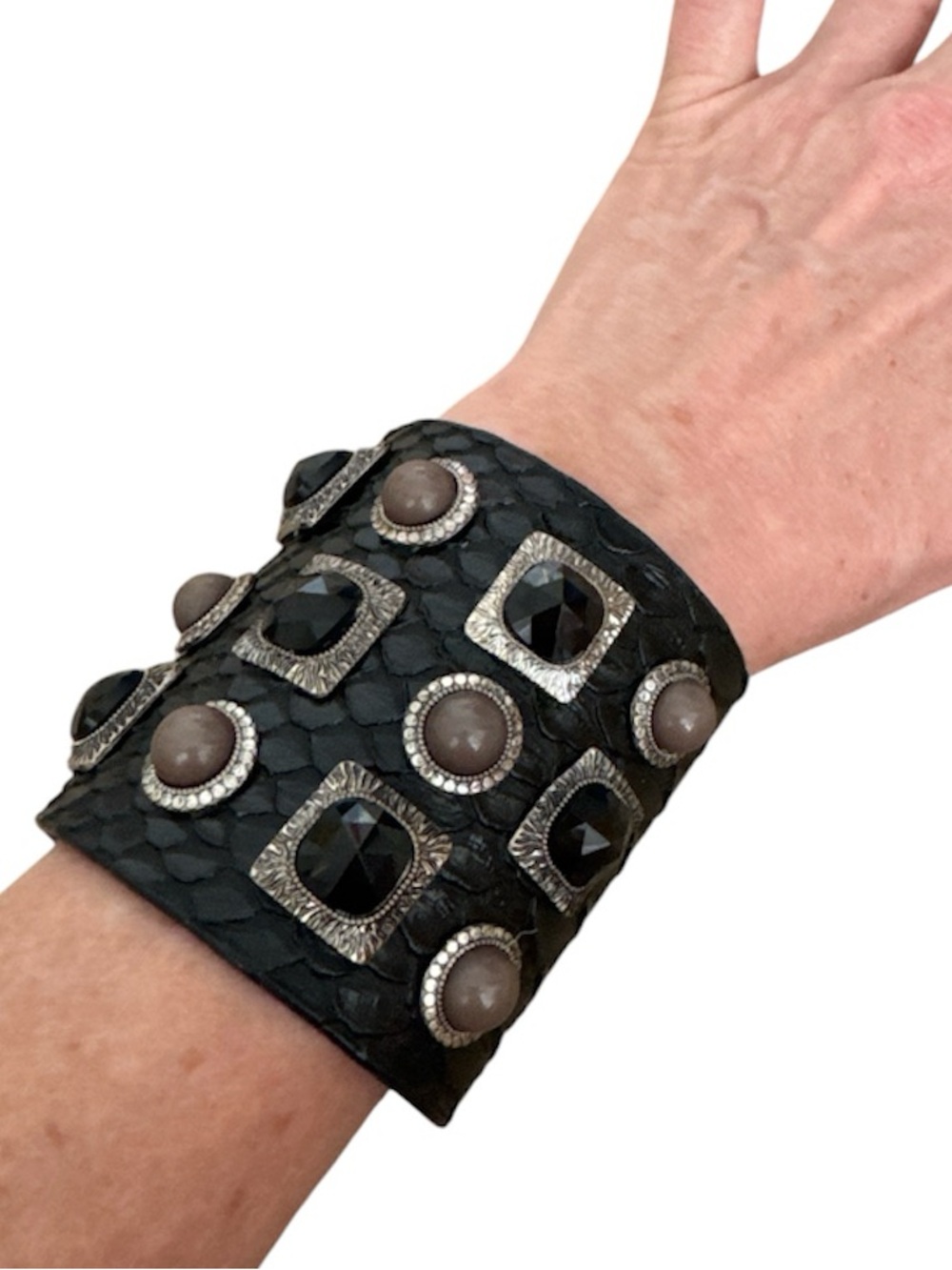 Vintage Genuine Black Python Snakeskin Wide Cuff Bracelet stone Embellished